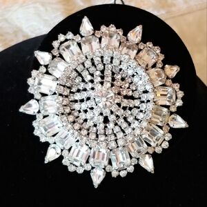 Huge Vintage Statement Clear Rhinestone Starburst Rhodium Plated Brooch Pin